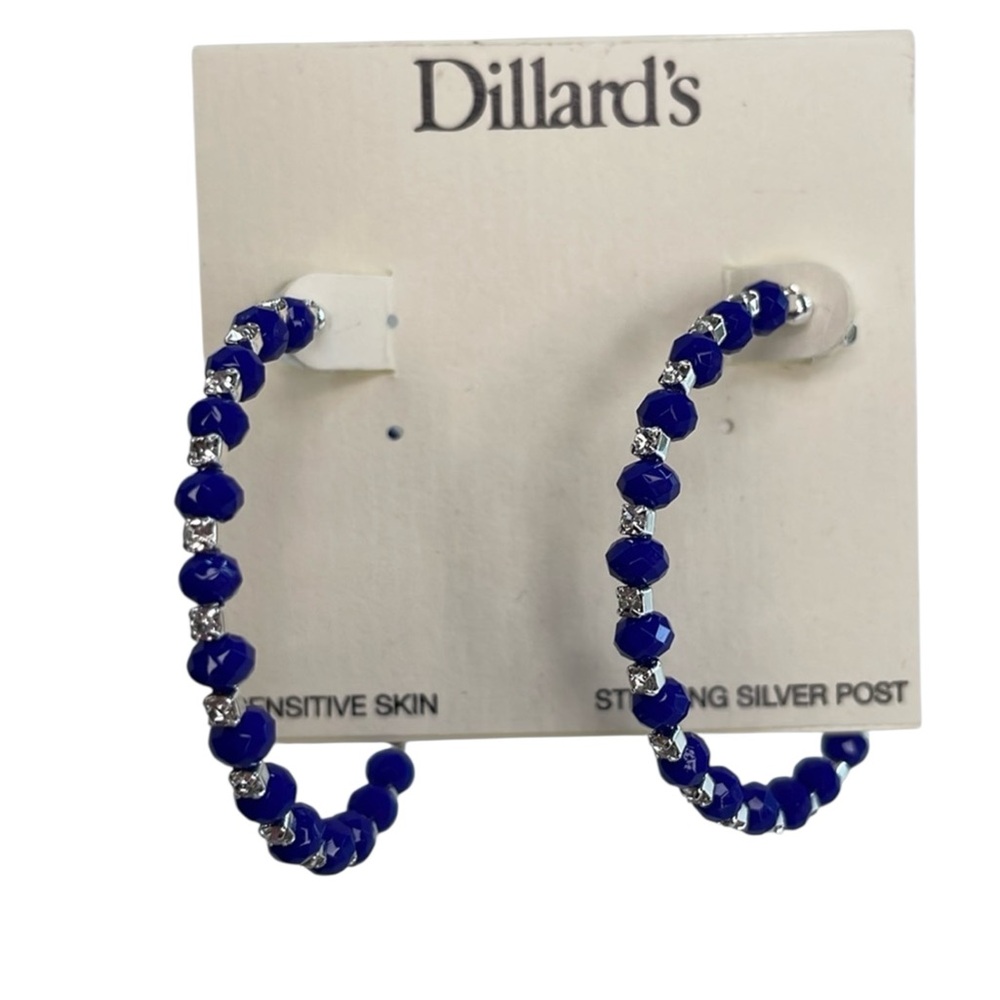 🆕 Rhinestone Chain Cobalt Blue Beaded Hoop Earrings NWT